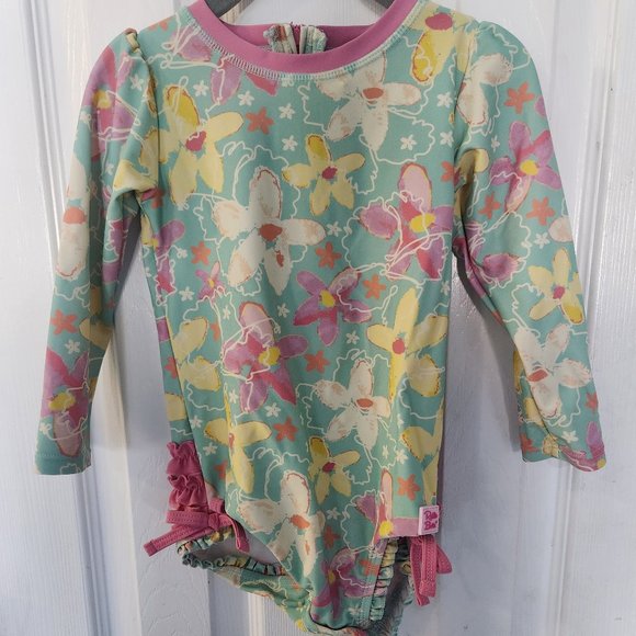 Ruffle Butts Floral Kids Swimwear - Pink and Green - Picture 1 of 3